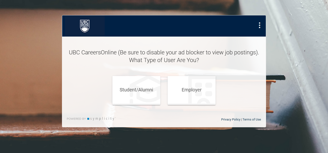 Home page screen of UBC CareersOnline